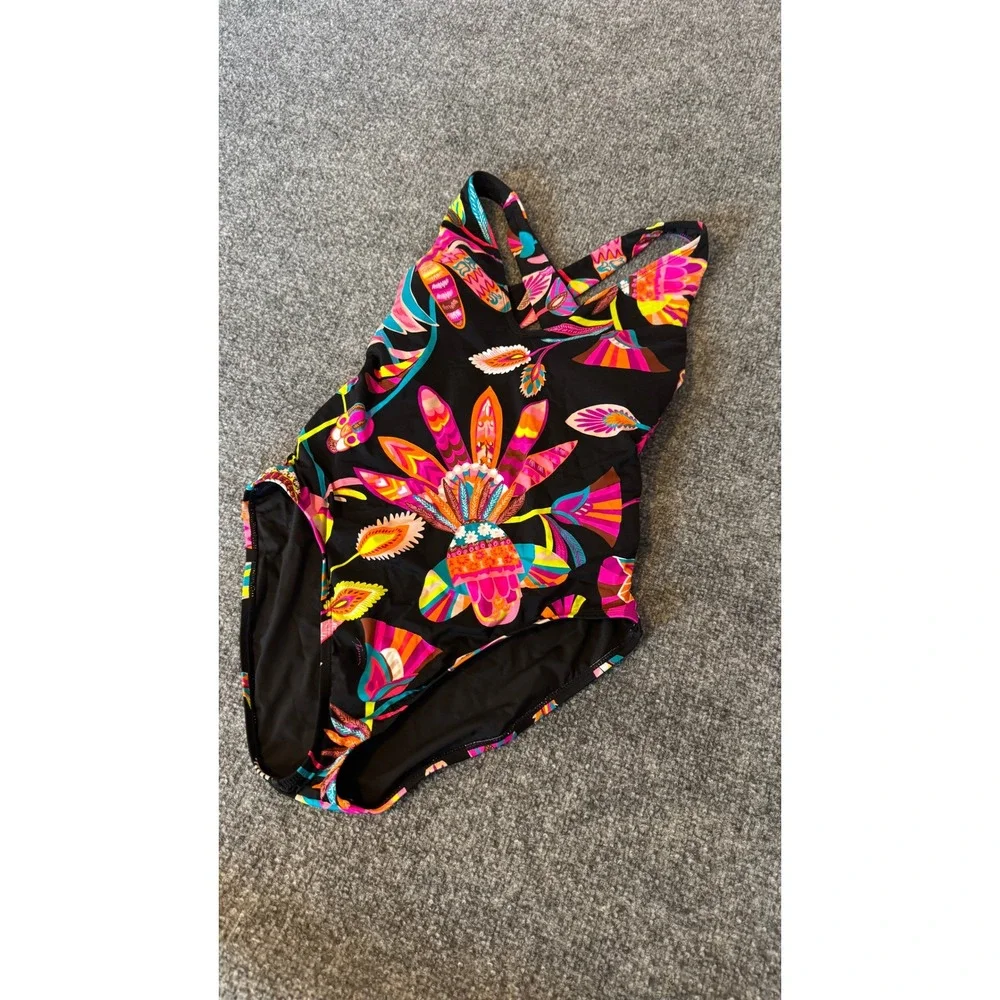 Trina Turk Black One-Piece Swimsuit with Neon Floral Print